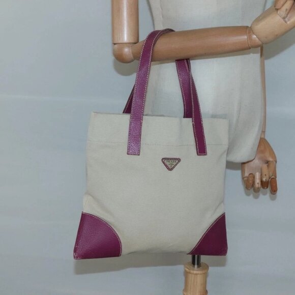 PRADA Hand Bag Canvas Leather Beige Purple Silver Auth - Picture 1 of 16